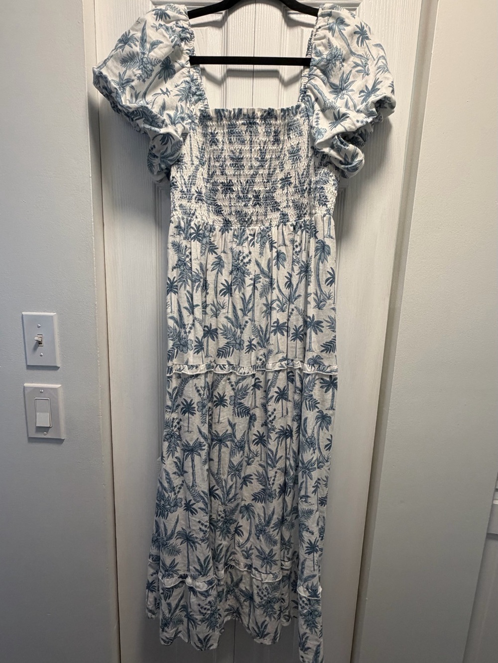 Show Me Your MuMu Norma Midi Dress- Blue and White Smocked Dress - Large